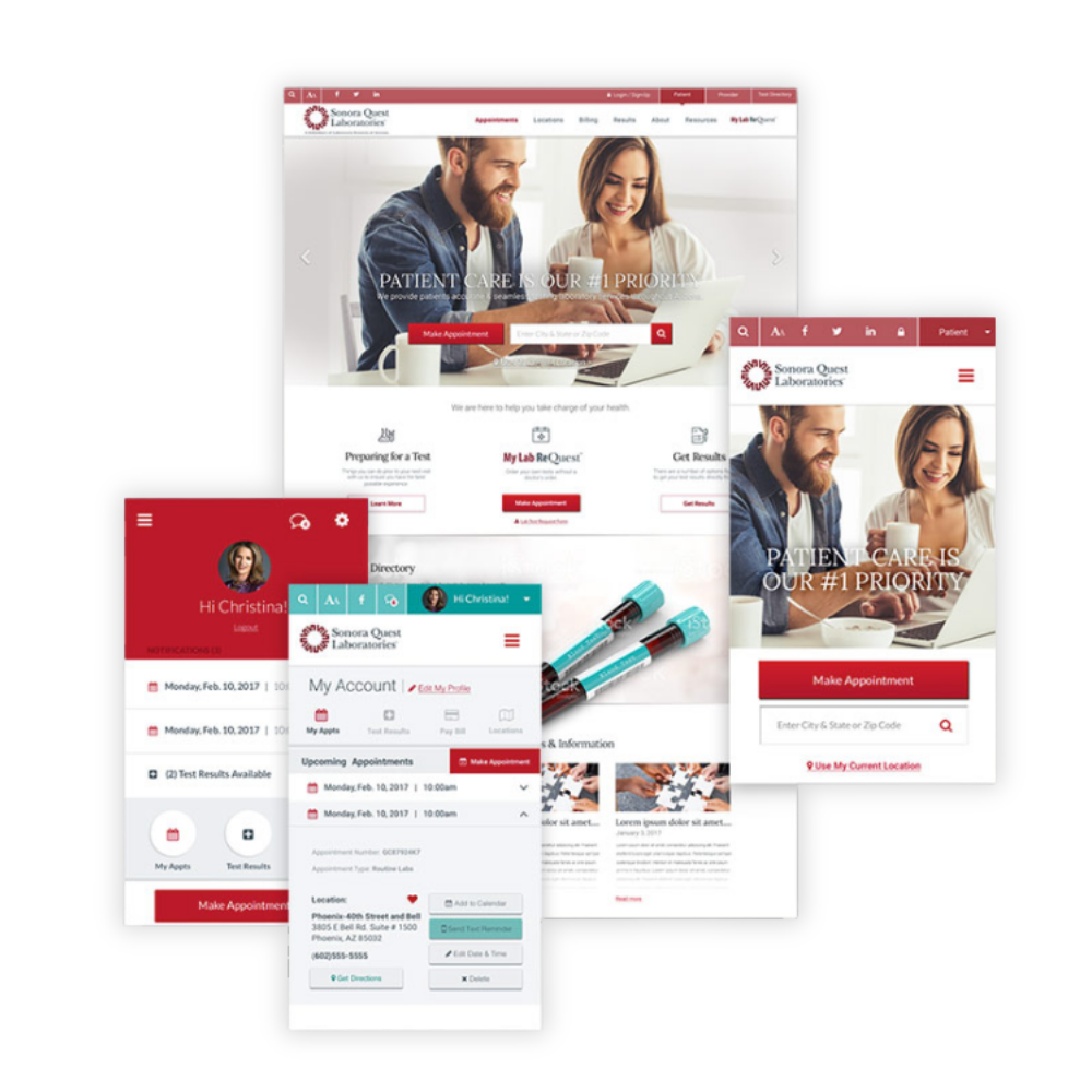 Sonora Quest Laboratories website and patient portal design comps on desktop and mobile.