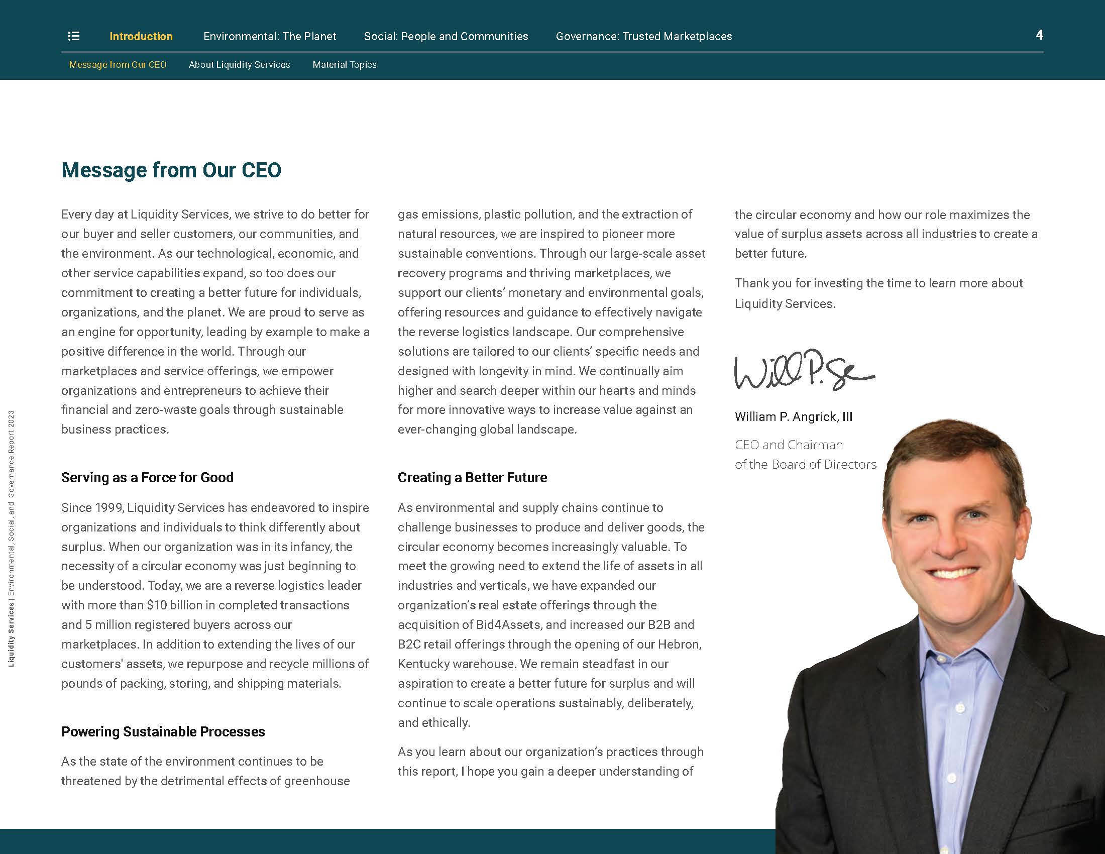 ESG report, CEO letter spread