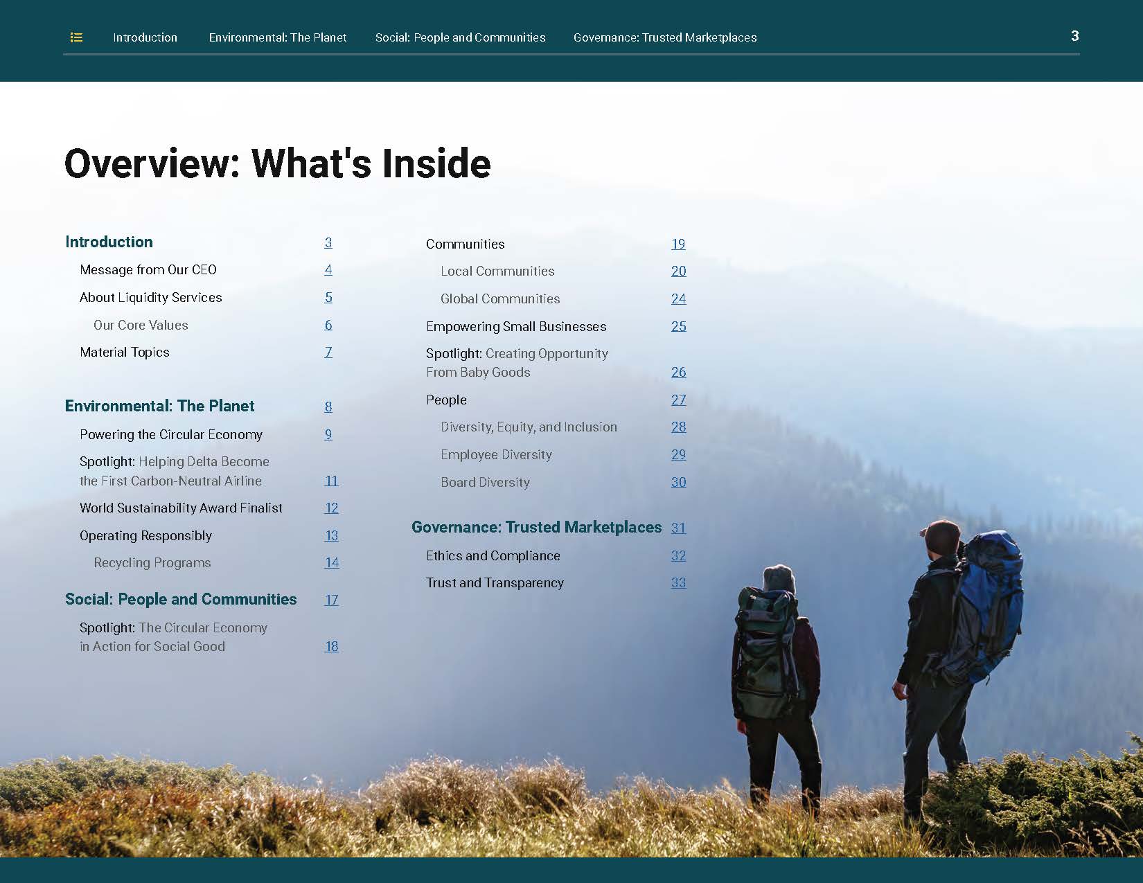 ESG report, contents and navigation system